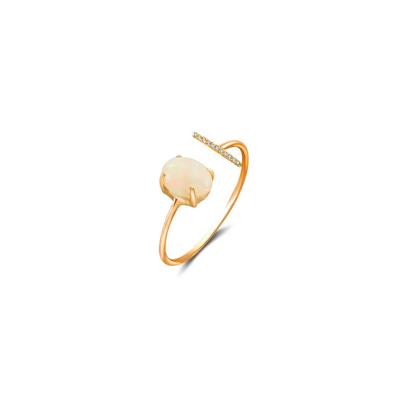 18k Gold Opal Open Diamond Ring With Vertical Line Shape