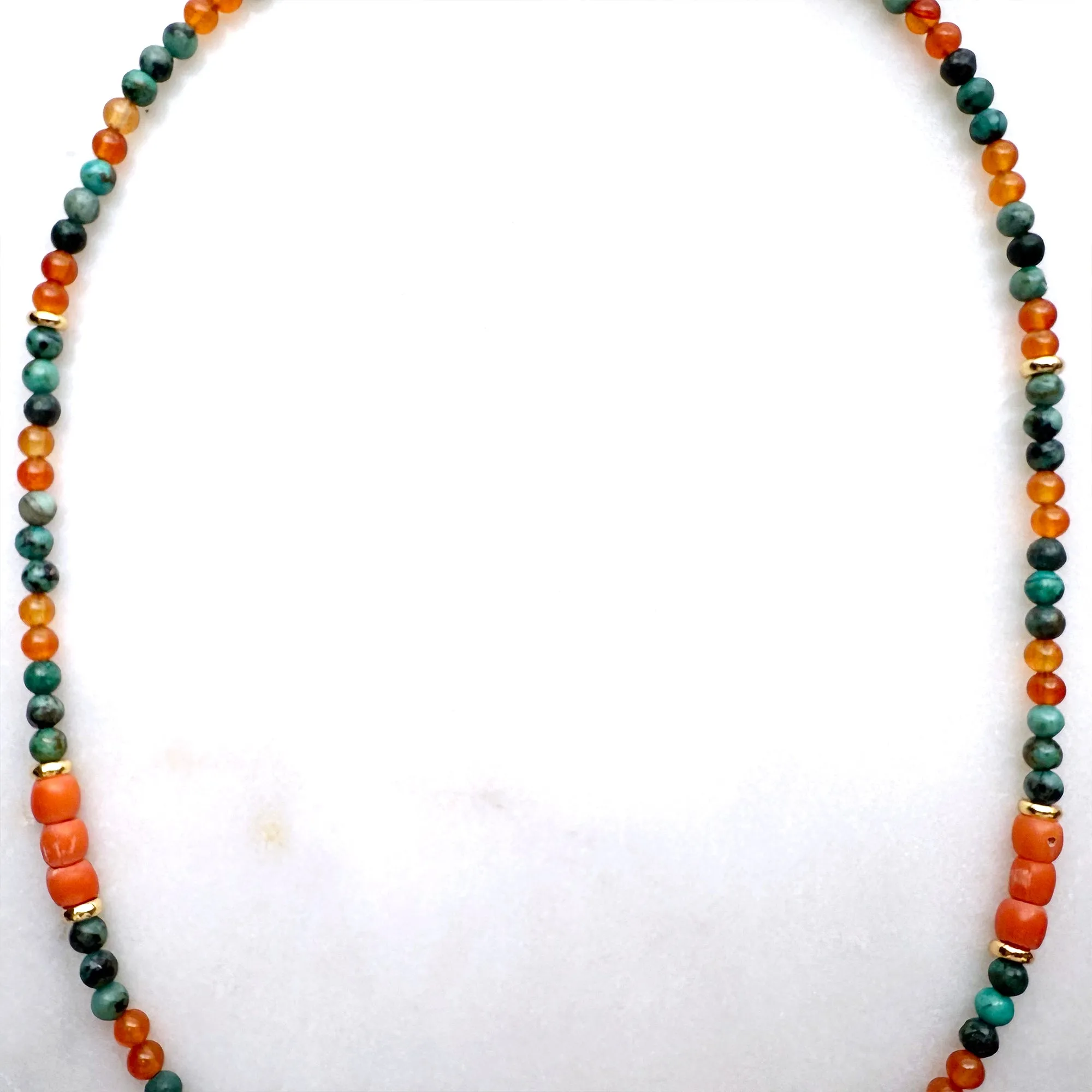 Antique Red Coral, African Turquoise, Carnelian, and Metal Brass Beads Necklace Handmade Jewelry - Boho Hippie Beach Birthday Special Gift