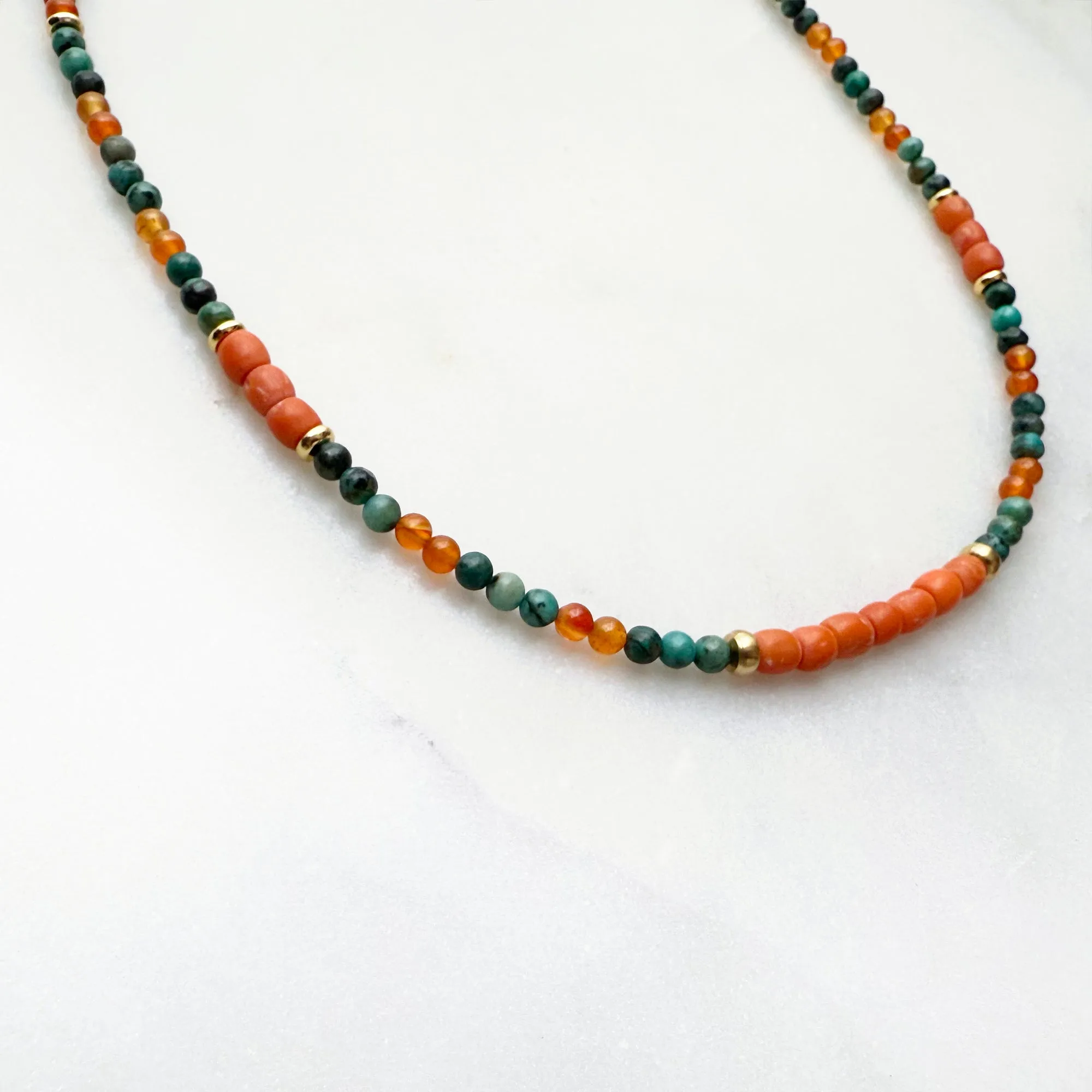 Antique Red Coral, African Turquoise, Carnelian, and Metal Brass Beads Necklace Handmade Jewelry - Boho Hippie Beach Birthday Special Gift