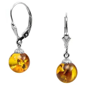 Anya: Natural Baltic Amber Ball Leverback Earrings 14K White Gold