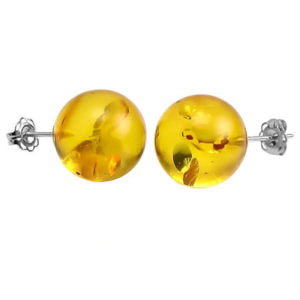 Anya: Natural Baltic Amber Ball Stud Earrings 925 Sterling Silver