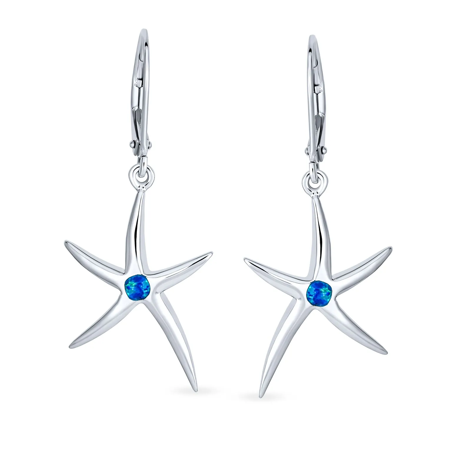Blue Created Opal Starfish Dangle Gemstone Earrings in Sterling Silver