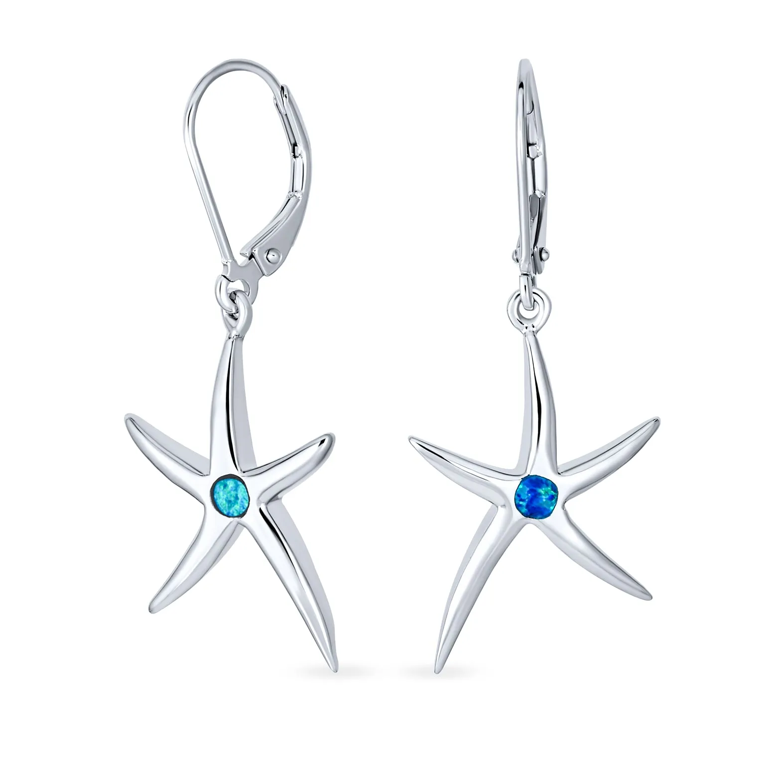 Blue Created Opal Starfish Dangle Gemstone Earrings in Sterling Silver