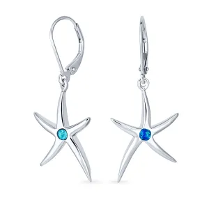 Blue Created Opal Starfish Dangle Gemstone Earrings in Sterling Silver