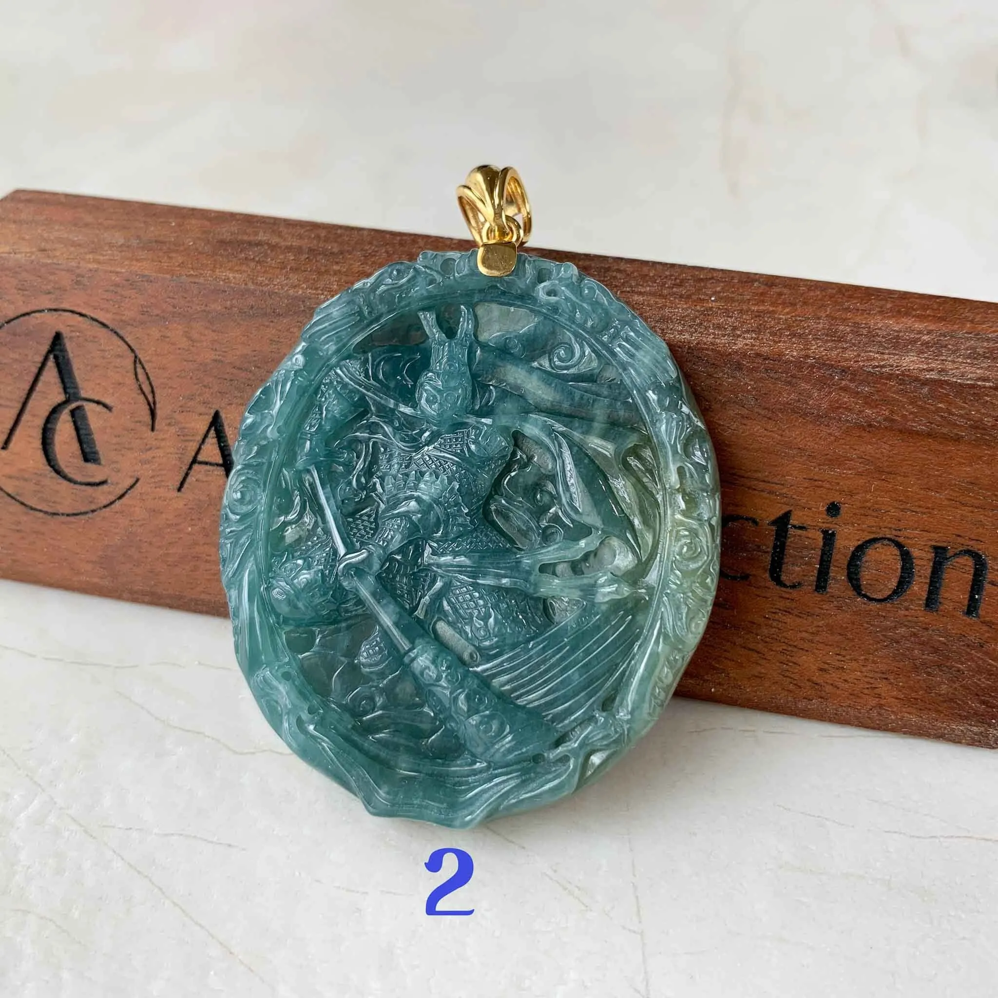 Blue Green Jadeite Jade Monkey King with 18K Gold Pendant, Sun Wu Kong, 孙悟空, Chinese Zodiac Carved, XZG-0423-1684022066