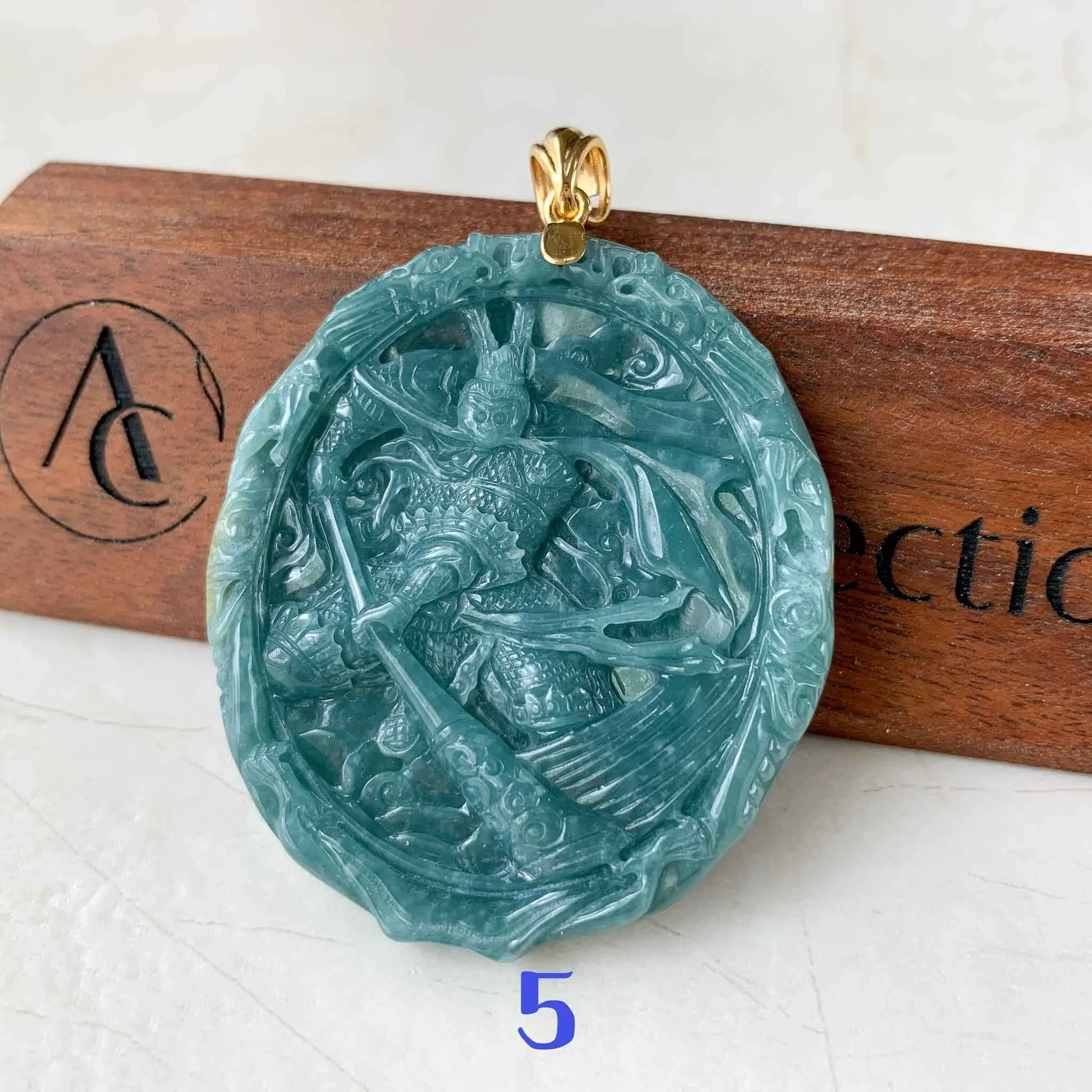 Blue Green Jadeite Jade Monkey King with 18K Gold Pendant, Sun Wu Kong, 孙悟空, Chinese Zodiac Carved, XZG-0423-1684022066