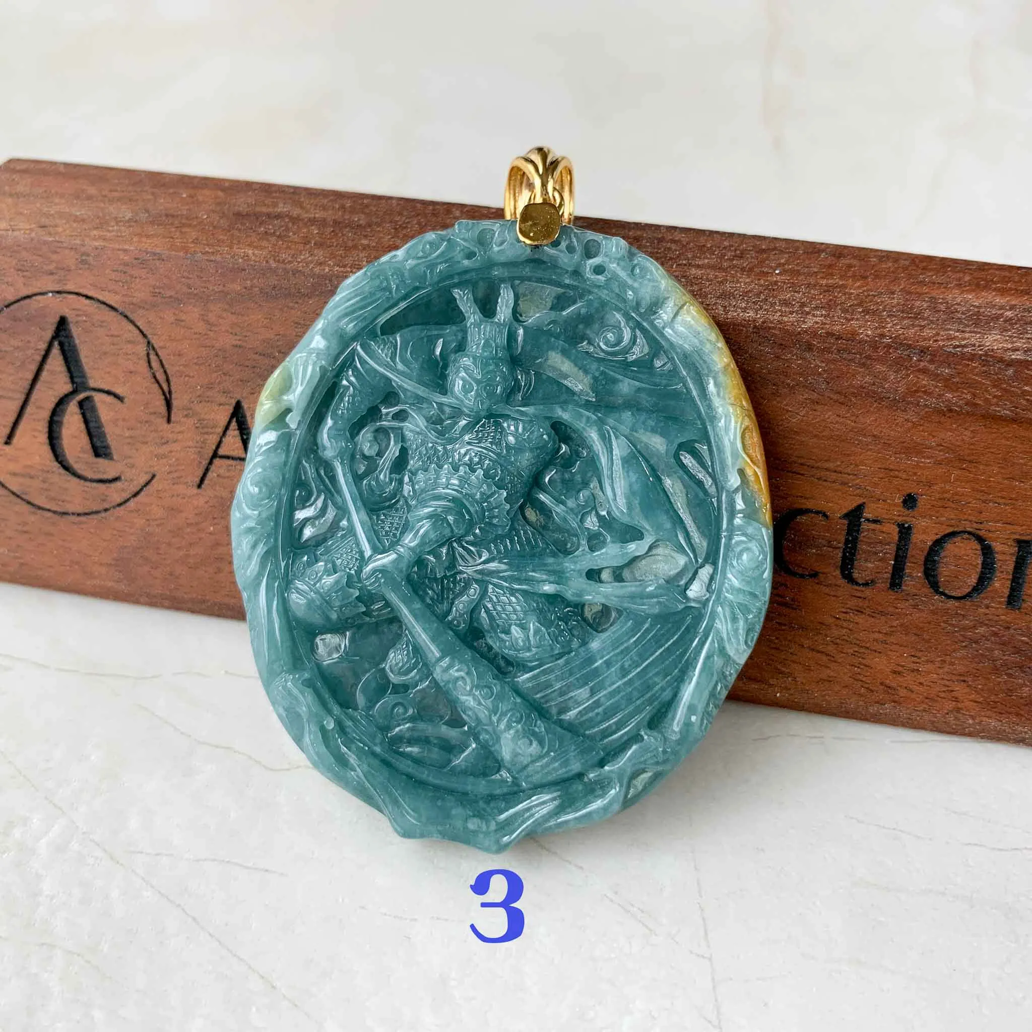 Blue Green Jadeite Jade Monkey King with 18K Gold Pendant, Sun Wu Kong, 孙悟空, Chinese Zodiac Carved, XZG-0423-1684022066