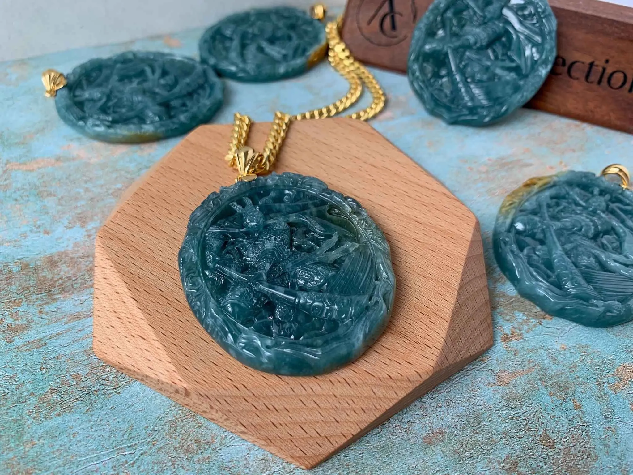 Blue Green Jadeite Jade Monkey King with 18K Gold Pendant, Sun Wu Kong, 孙悟空, Chinese Zodiac Carved, XZG-0423-1684022066