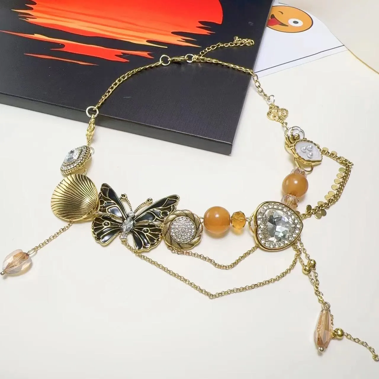 Butterfly shell heart beaded choker necklace