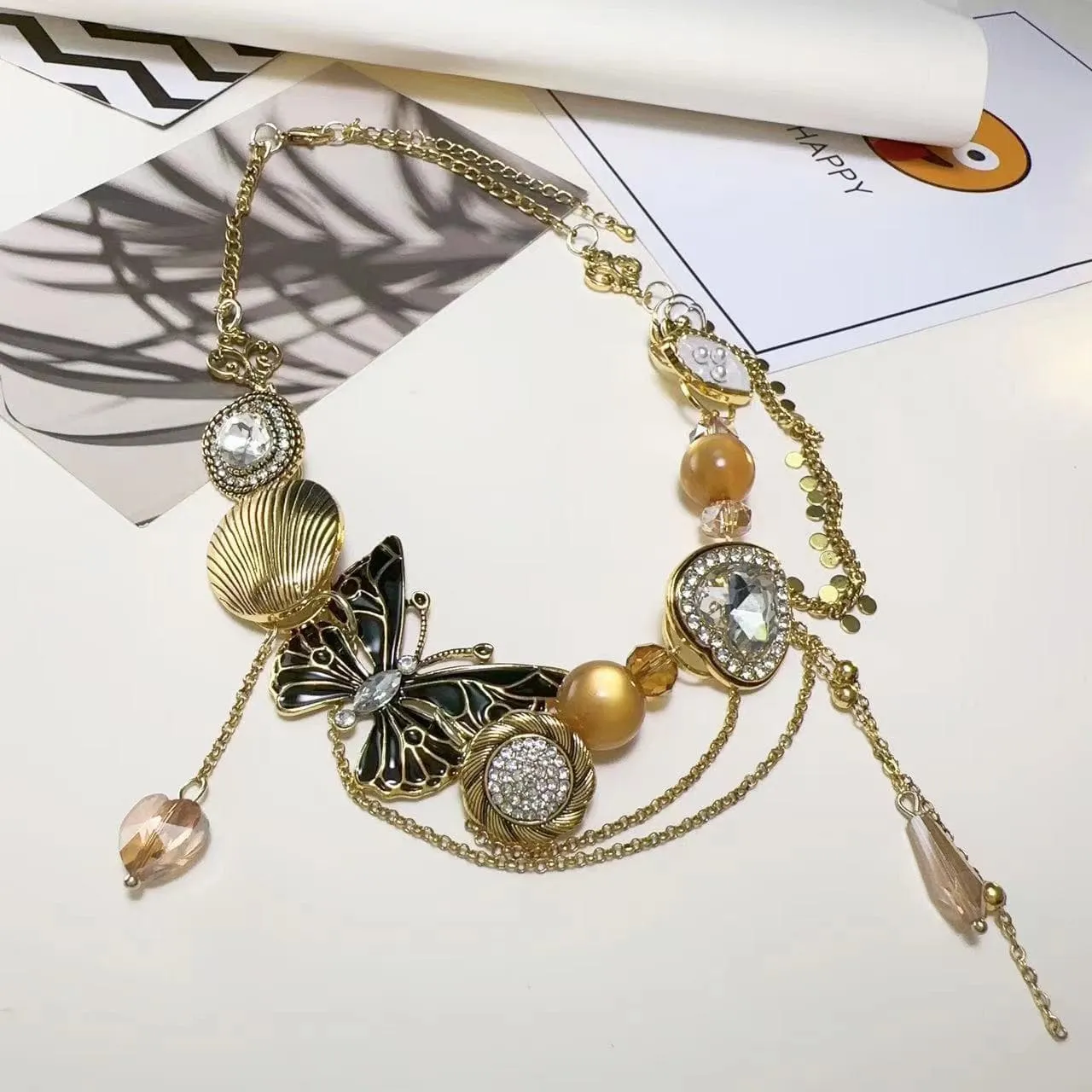 Butterfly shell heart beaded choker necklace