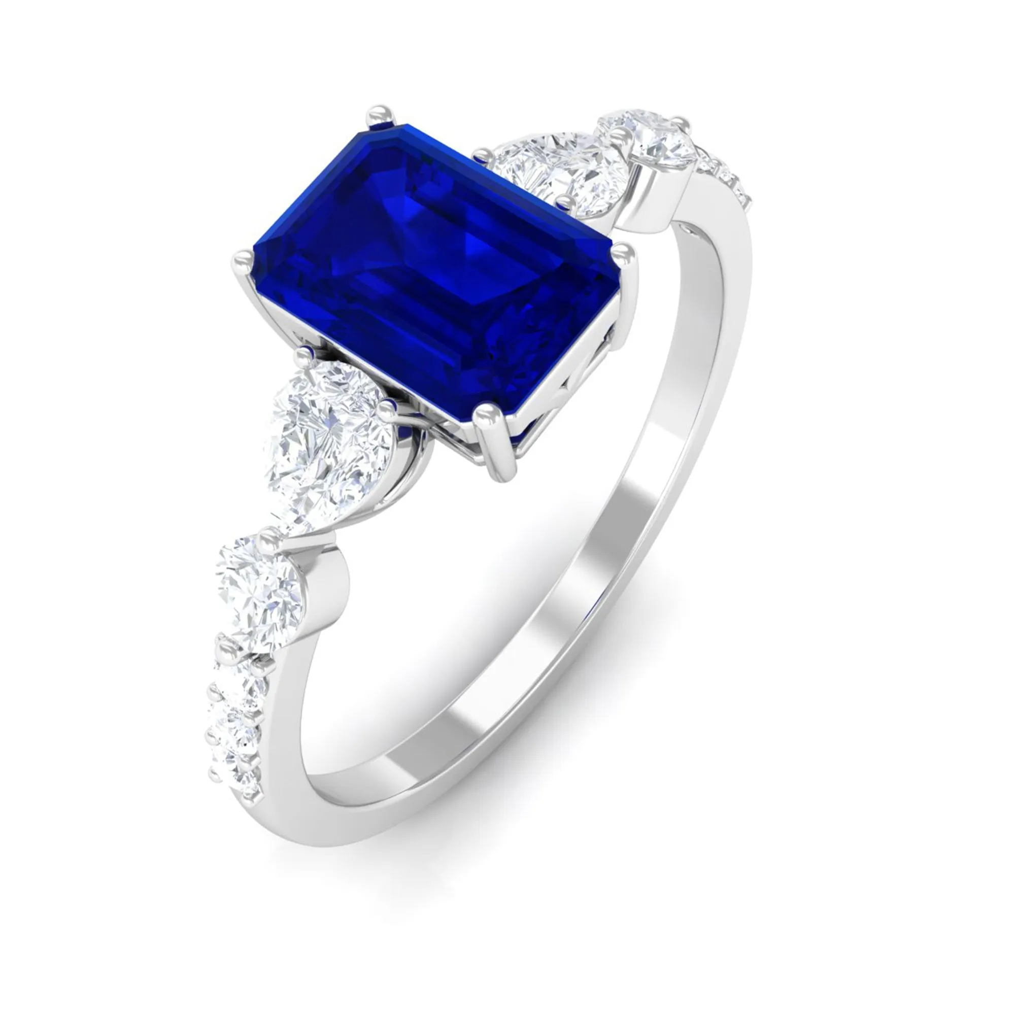 Created Blue Sapphire Classic Solitaire Engagement Ring with Diamond
