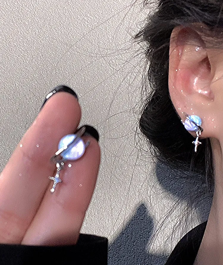 Fantasy Planet Galaxy Universe Purple Blue Gradient Silver Earrings