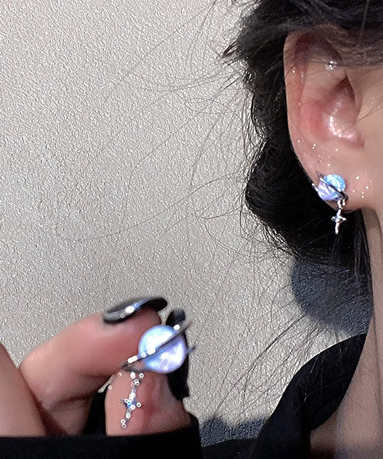 Fantasy Planet Galaxy Universe Purple Blue Gradient Silver Earrings