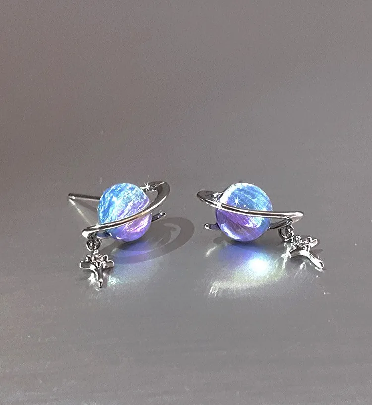 Fantasy Planet Galaxy Universe Purple Blue Gradient Silver Earrings