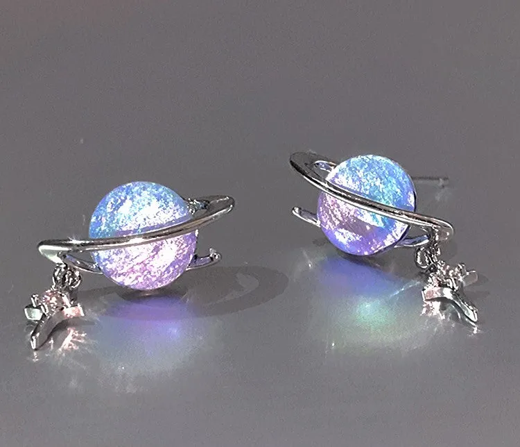 Fantasy Planet Galaxy Universe Purple Blue Gradient Silver Earrings