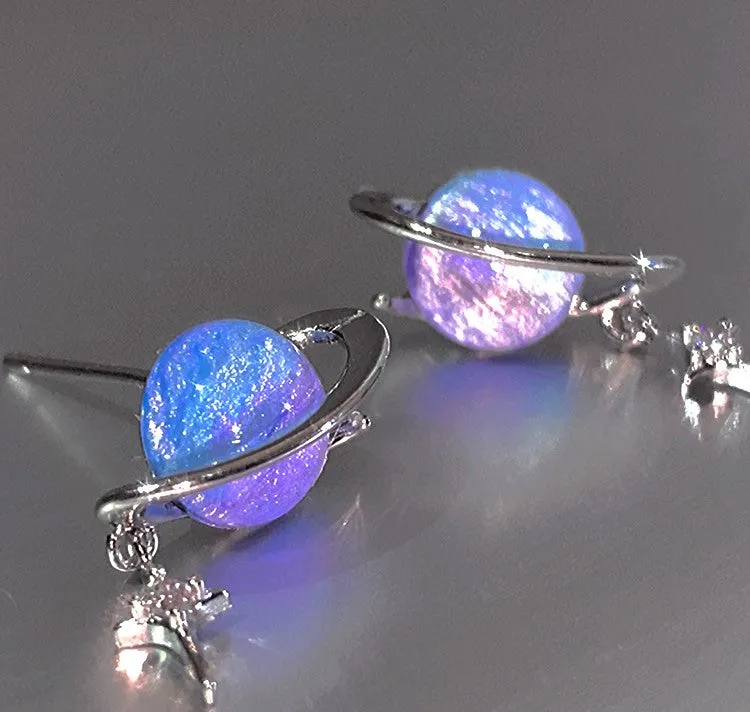 Fantasy Planet Galaxy Universe Purple Blue Gradient Silver Earrings