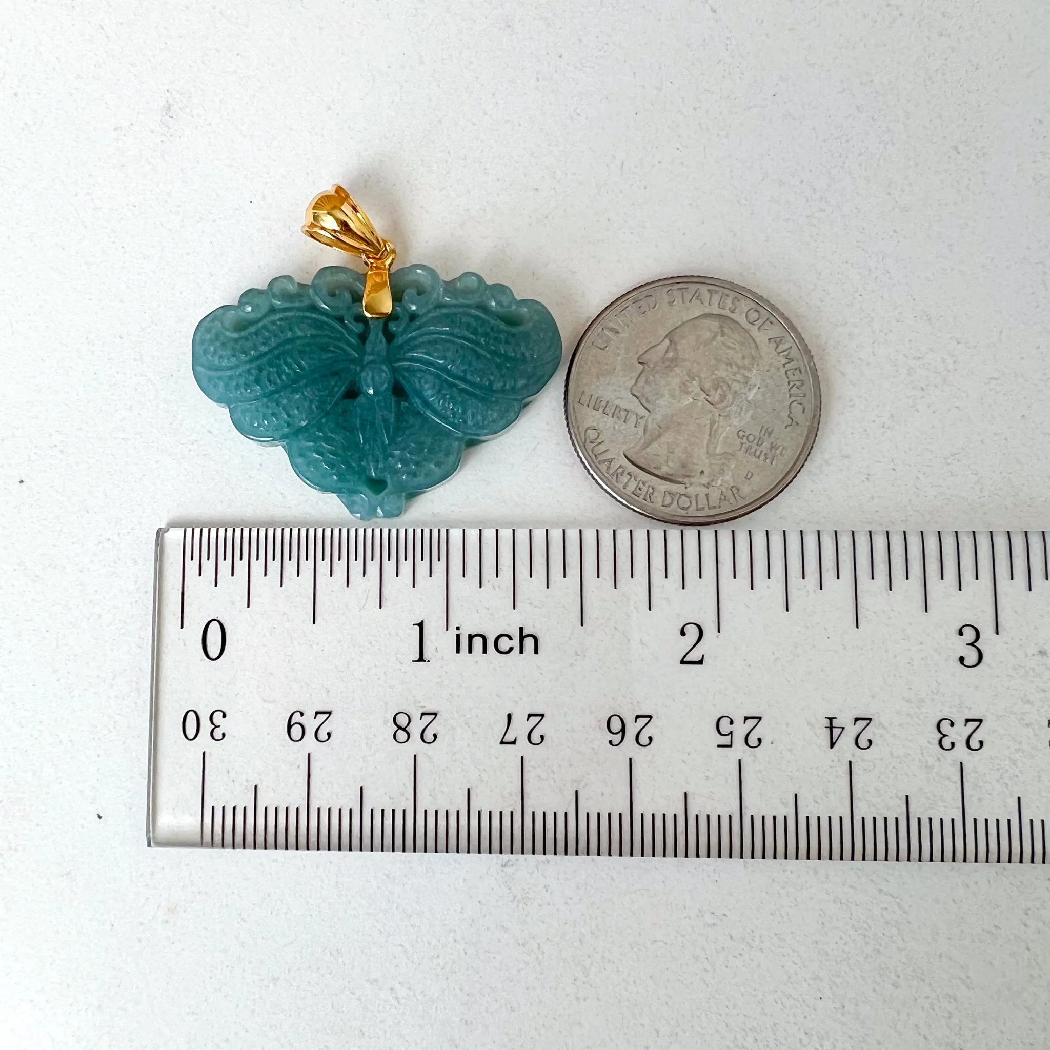 Green Jadeite Jade Butterfly Hand Carved Pendant with 18K Solid Gold Bail, SQ-0323-1701147182