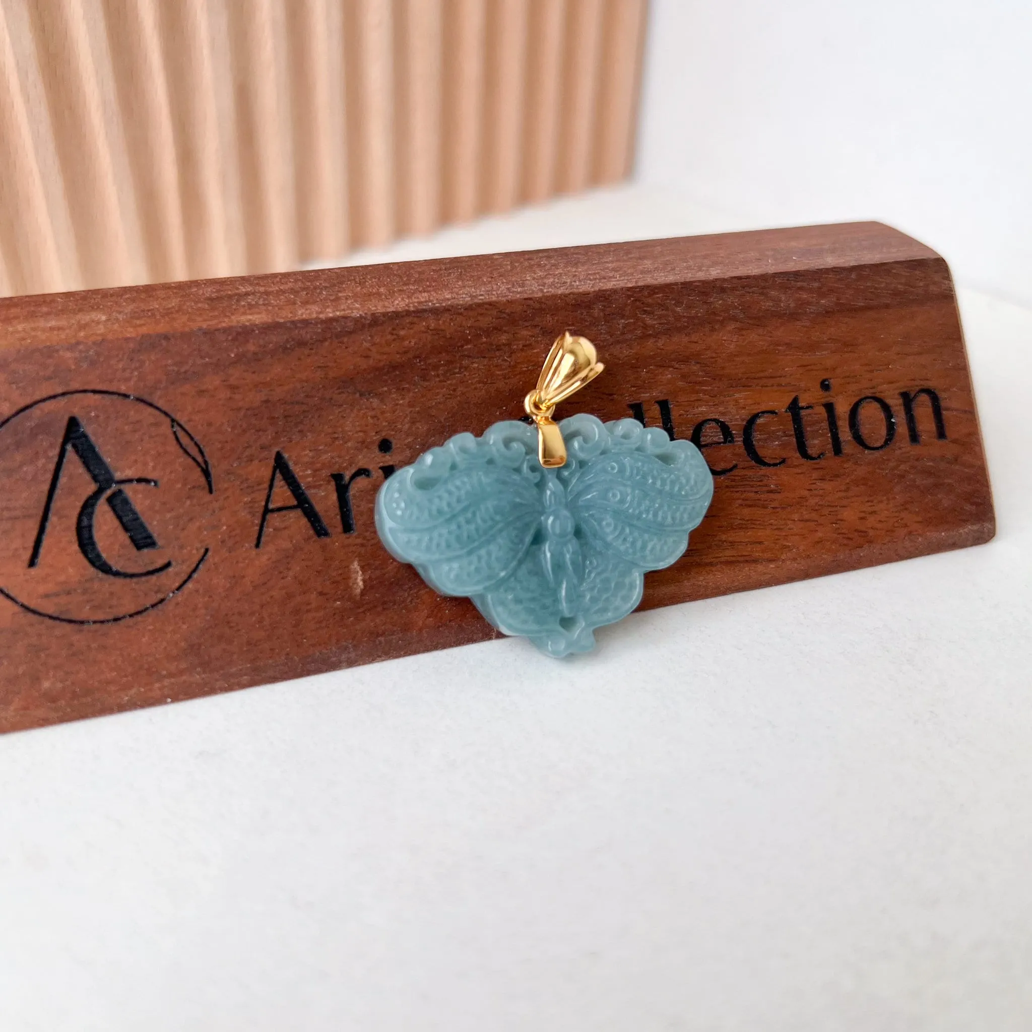 Green Jadeite Jade Butterfly Hand Carved Pendant with 18K Solid Gold Bail, SQ-0323-1701147182