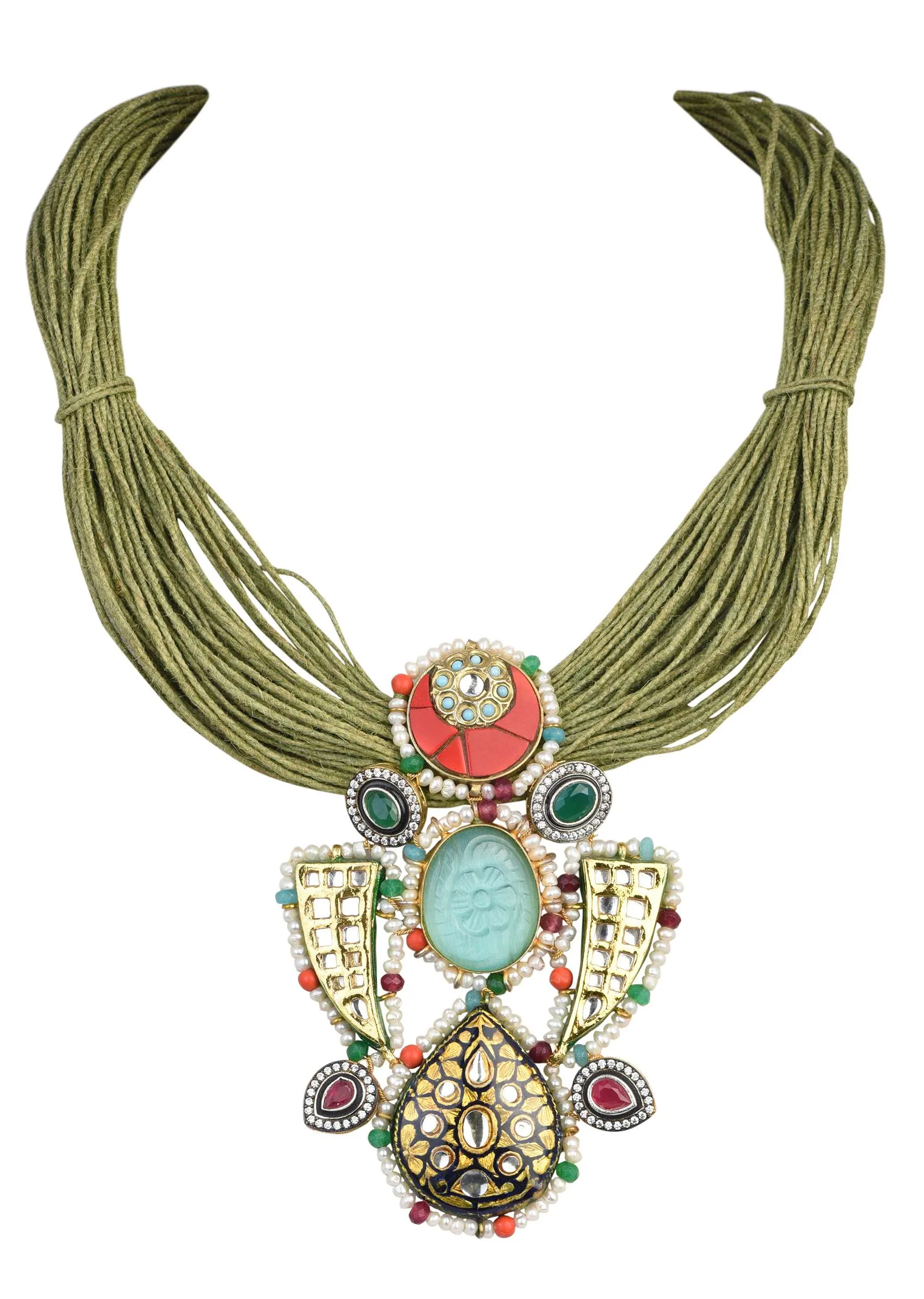 Green Jute Pendant Necklace With Studded Stones