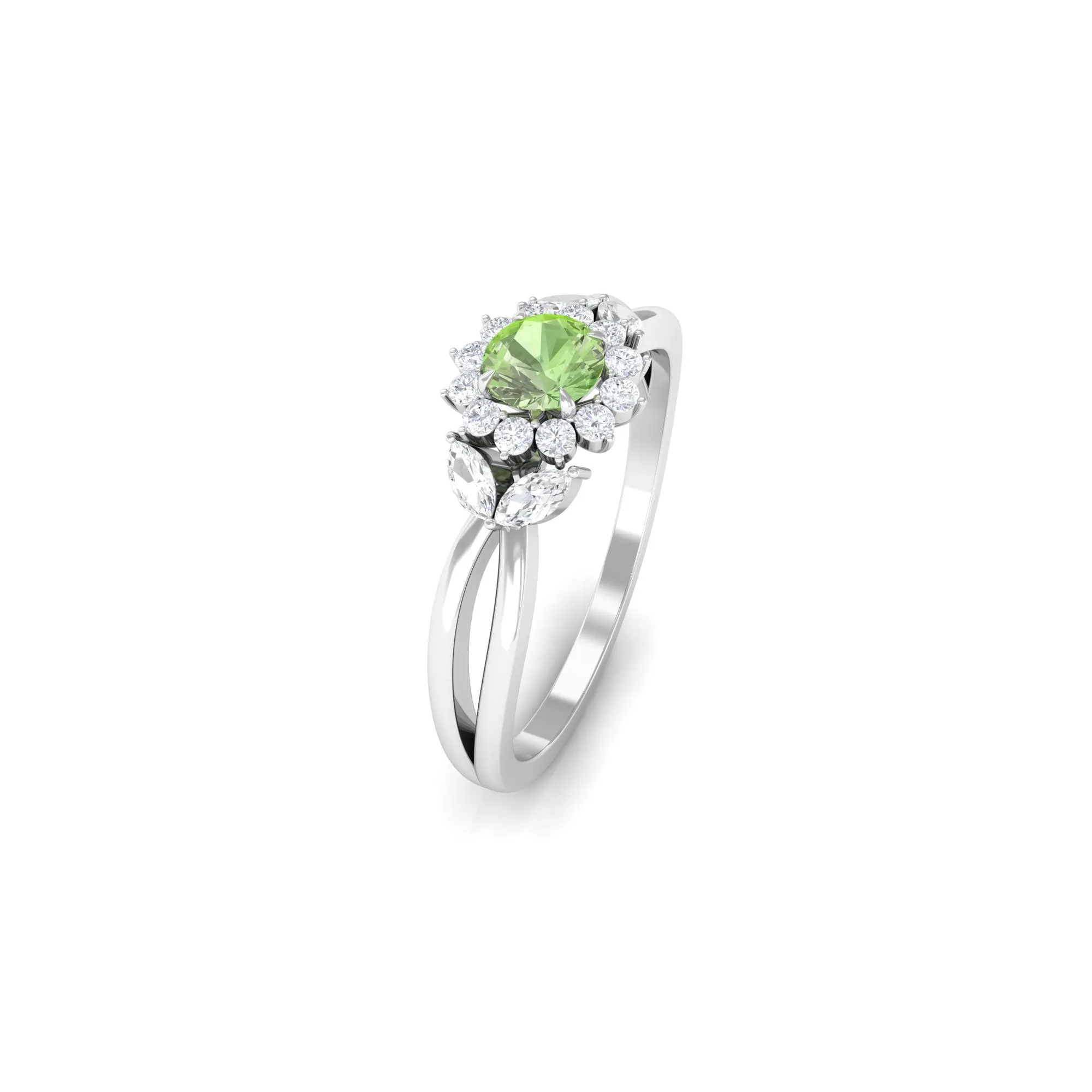 Green Sapphire and Diamond Flower Engagement Ring with Split Shank