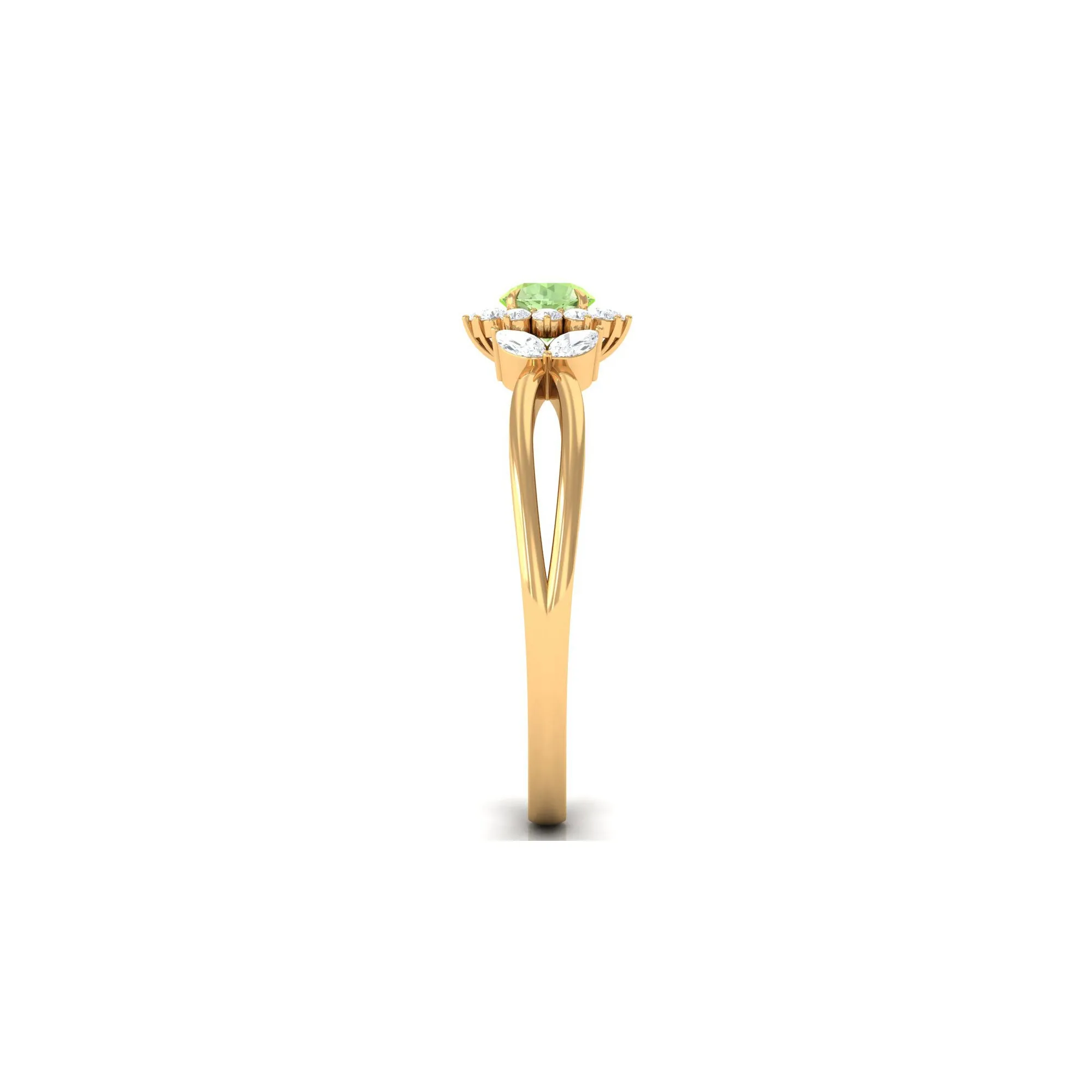 Green Sapphire and Diamond Flower Engagement Ring with Split Shank
