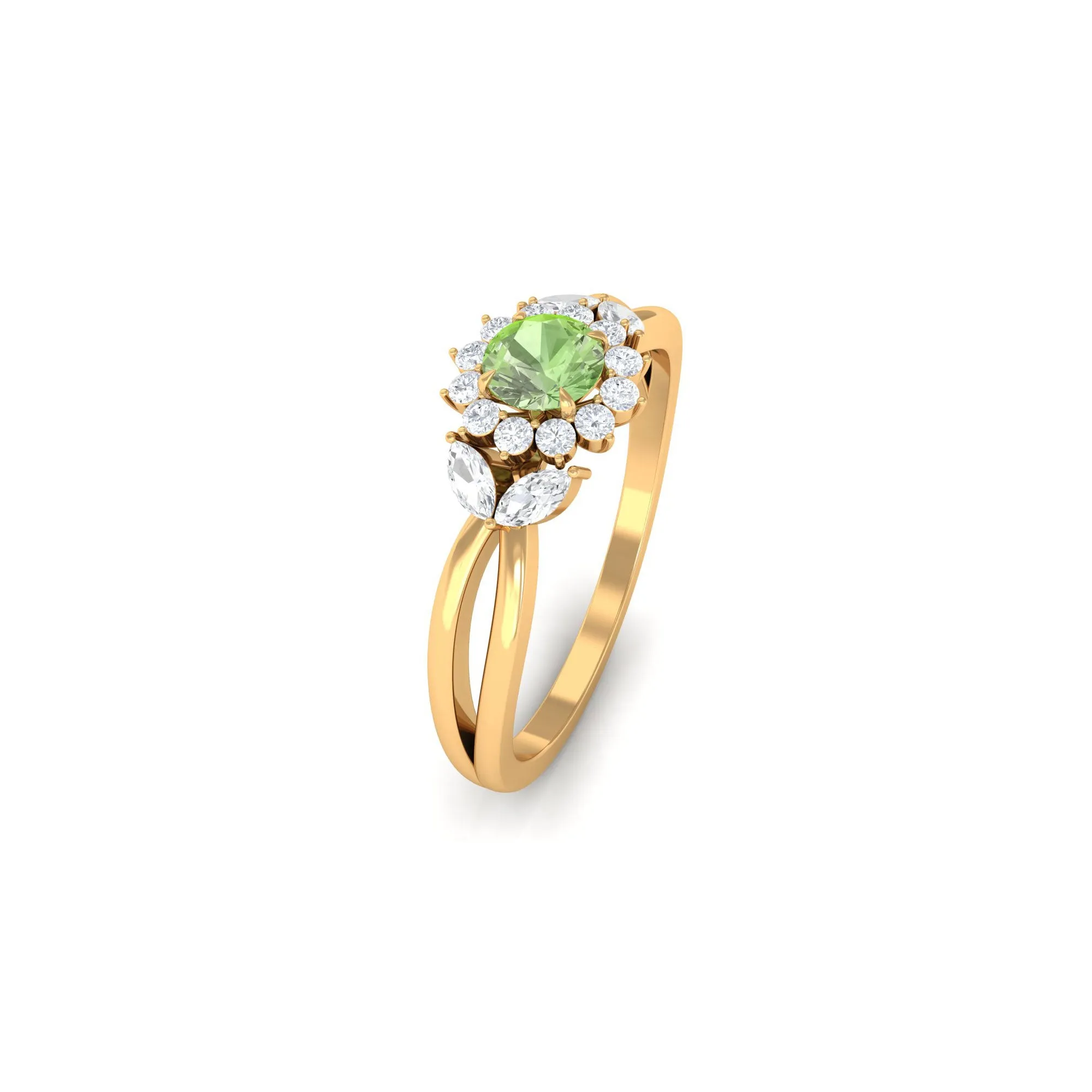 Green Sapphire and Diamond Flower Engagement Ring with Split Shank