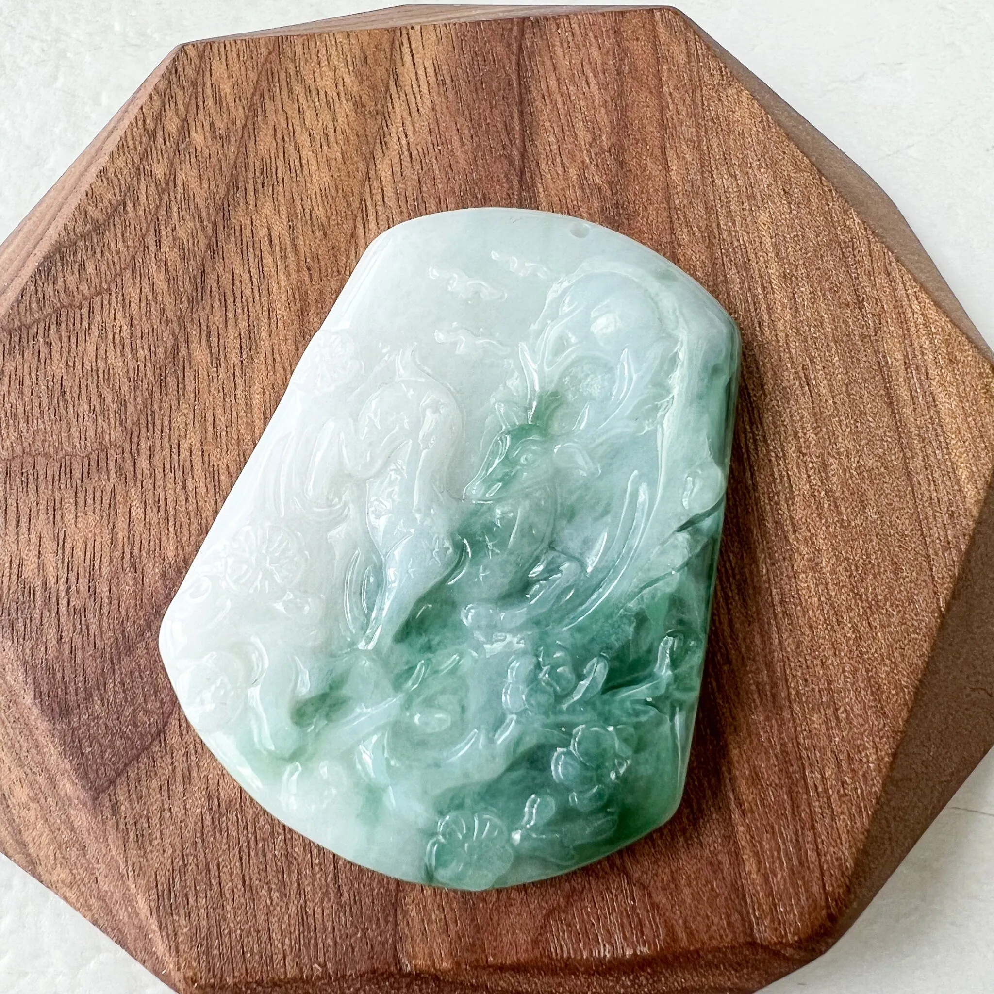 Green White Jadeite Jade Deer in Forest Hand Carved Pendant Necklace, YJ-0622-0379019