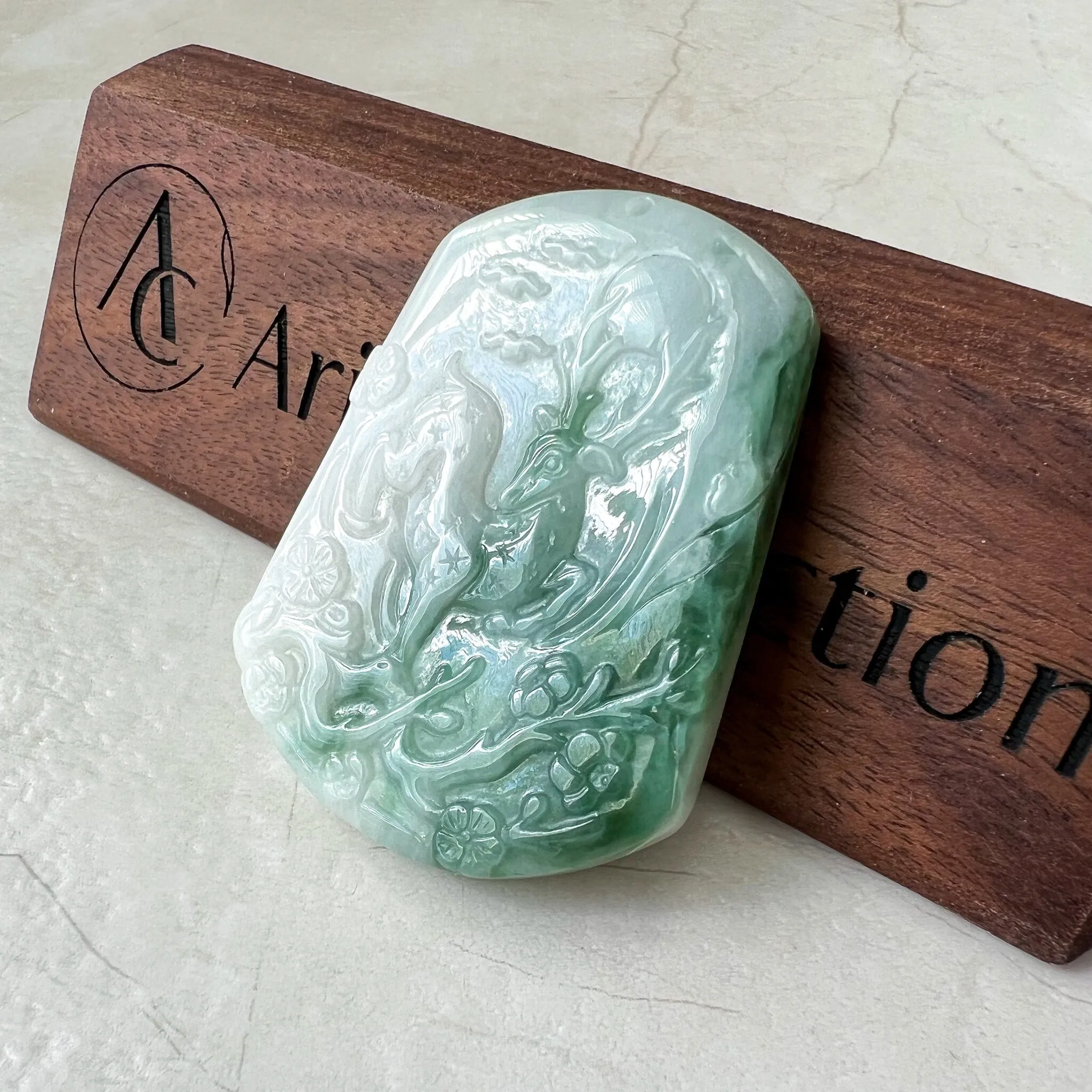 Green White Jadeite Jade Deer in Forest Hand Carved Pendant Necklace, YJ-0622-0379019