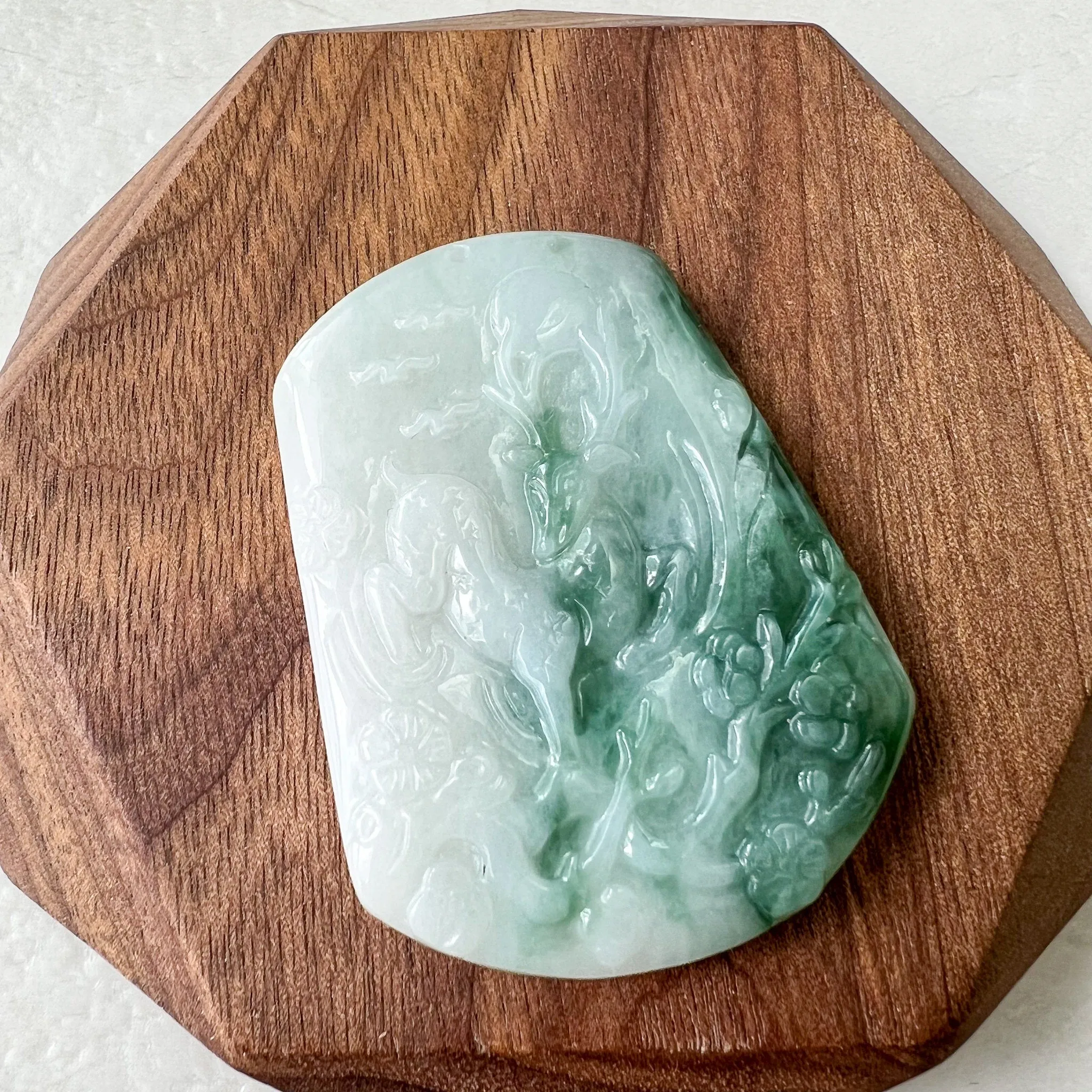 Green White Jadeite Jade Deer in Forest Hand Carved Pendant Necklace, YJ-0622-0379019