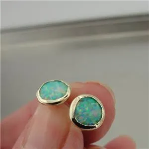 Hadar jewelry Handmade 9k Gold with Round Blue Opal Stud Earrings