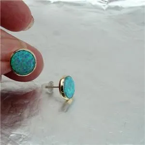 Hadar Jewelry Handmade 9k Yellow Gold 10mm Round Blue Opal Stud Earrings (I e82