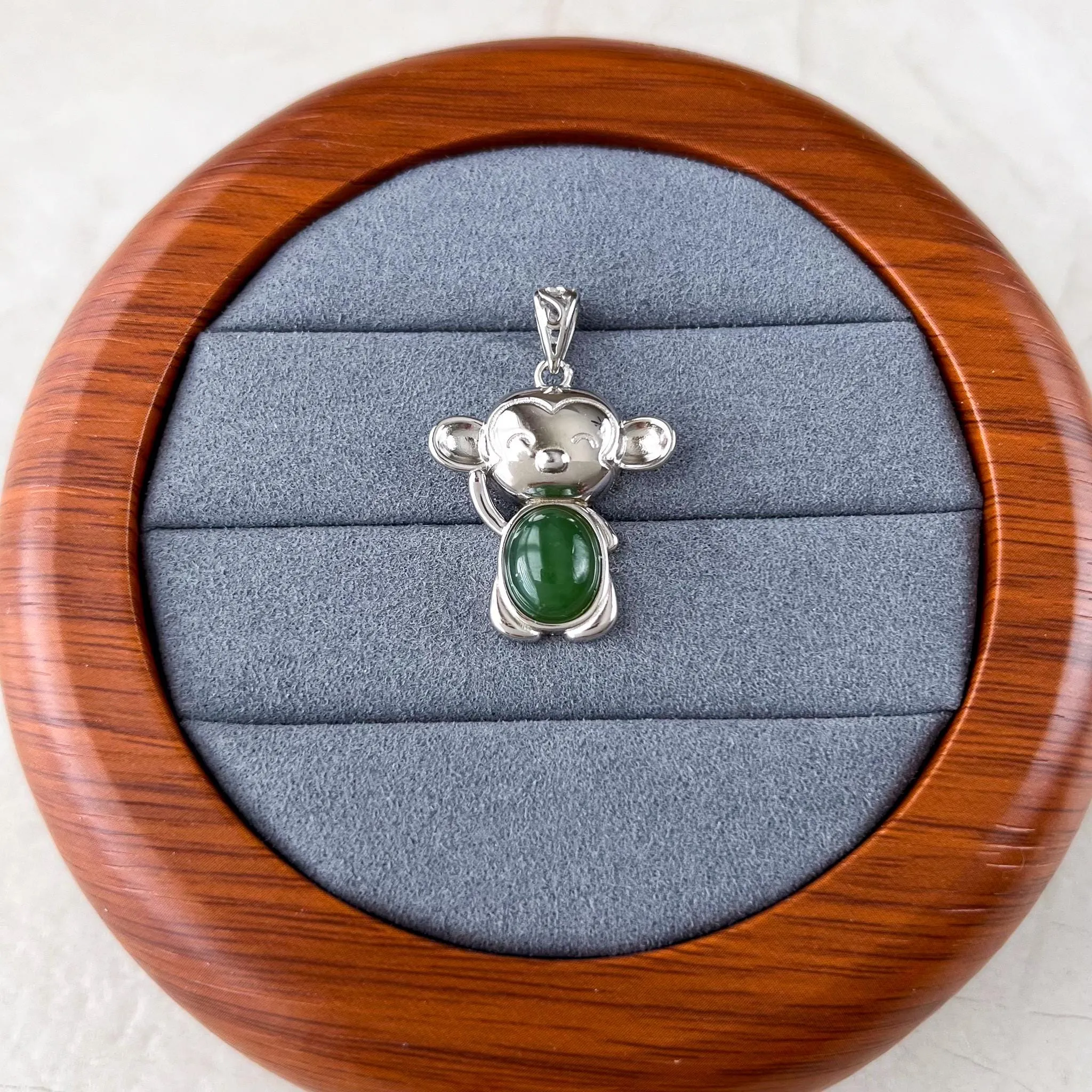 Jade Monkey Pendant, Green Nephrite Jade Sterling Silver Pendant Necklace, JSY-1224-10283