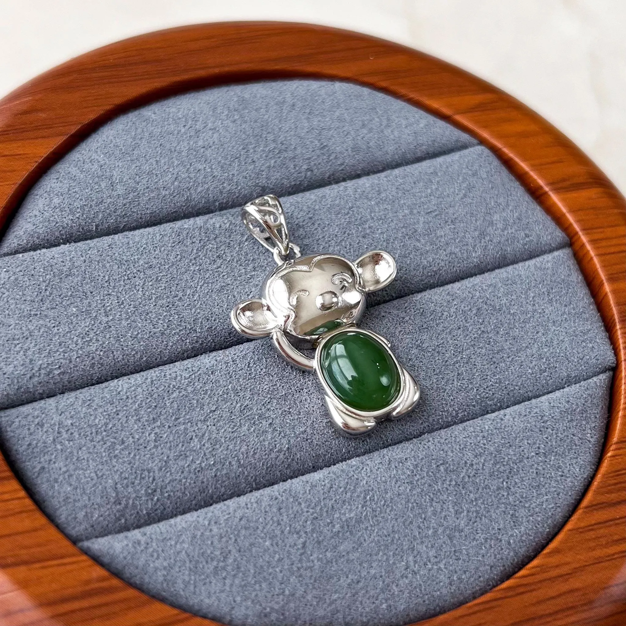 Jade Monkey Pendant, Green Nephrite Jade Sterling Silver Pendant Necklace, JSY-1224-10283