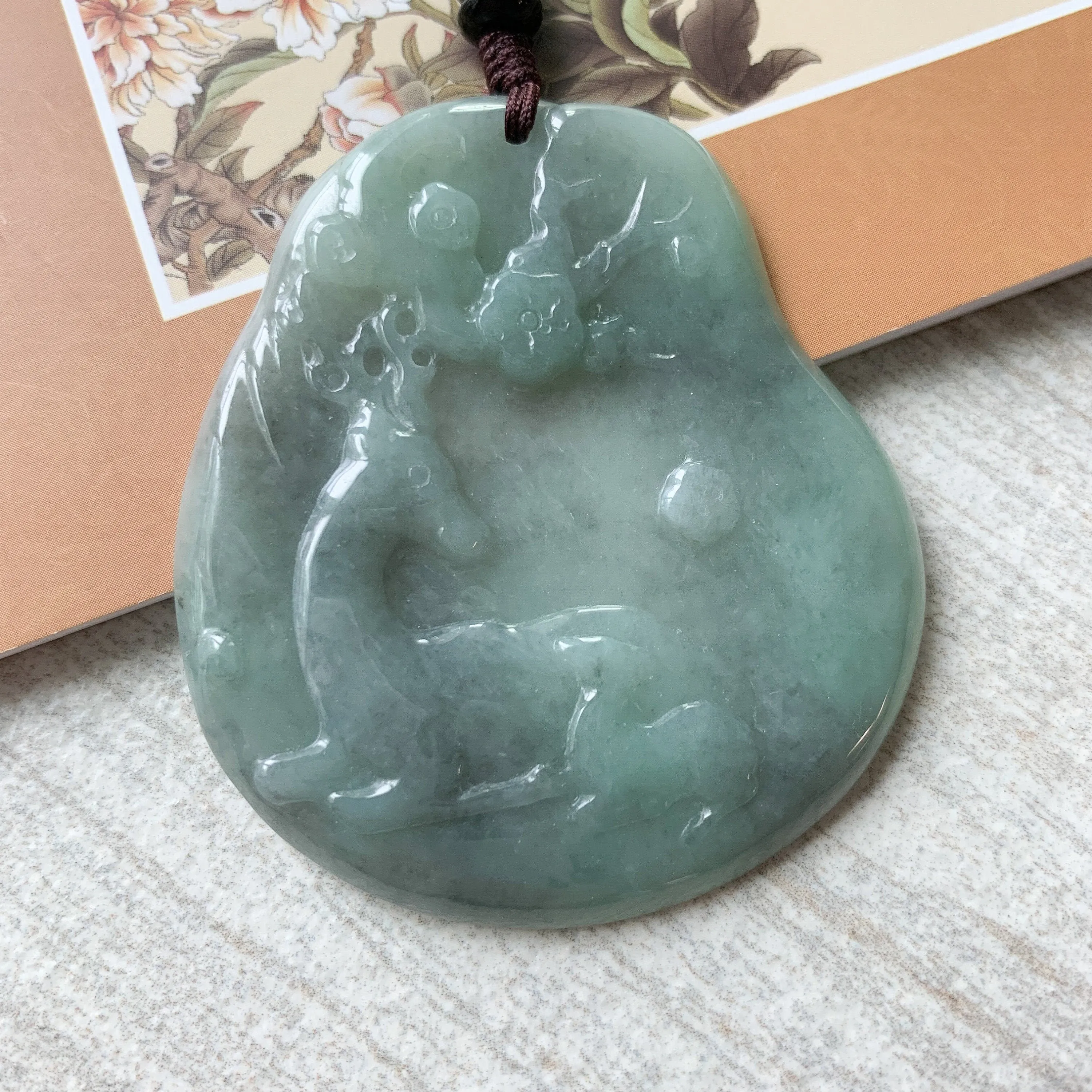 Jadeite Jade Deer in Forest Hand Carved Pendant Necklace, YJ-0321-0420193
