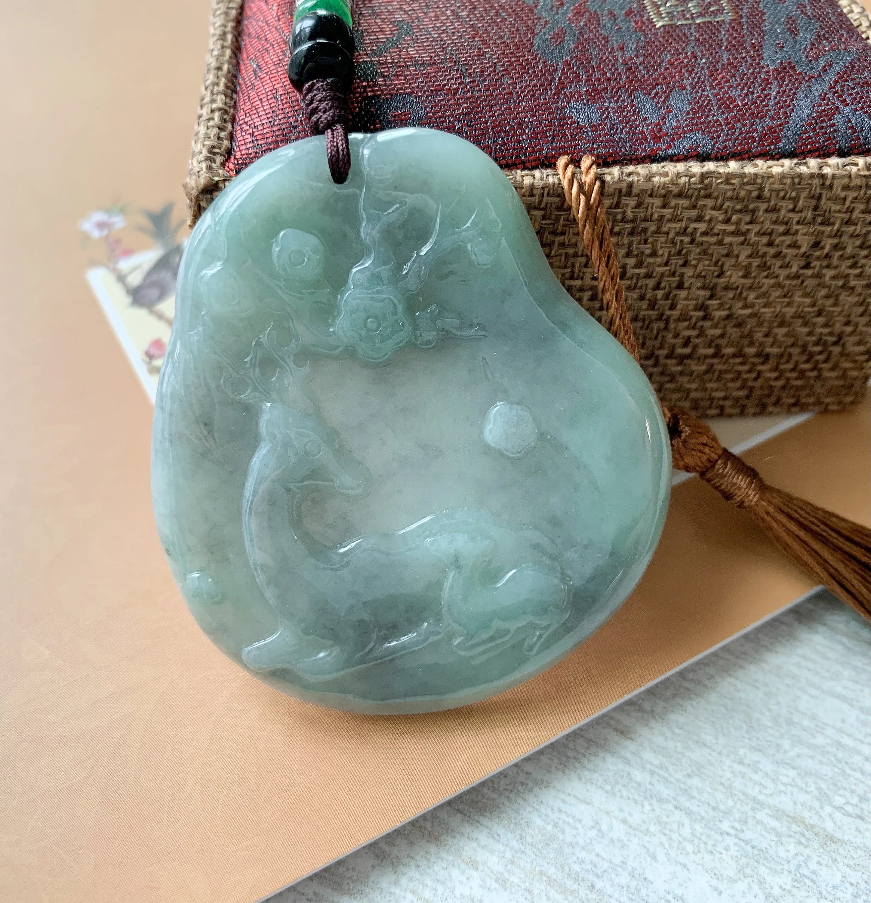 Jadeite Jade Deer in Forest Hand Carved Pendant Necklace, YJ-0321-0420193
