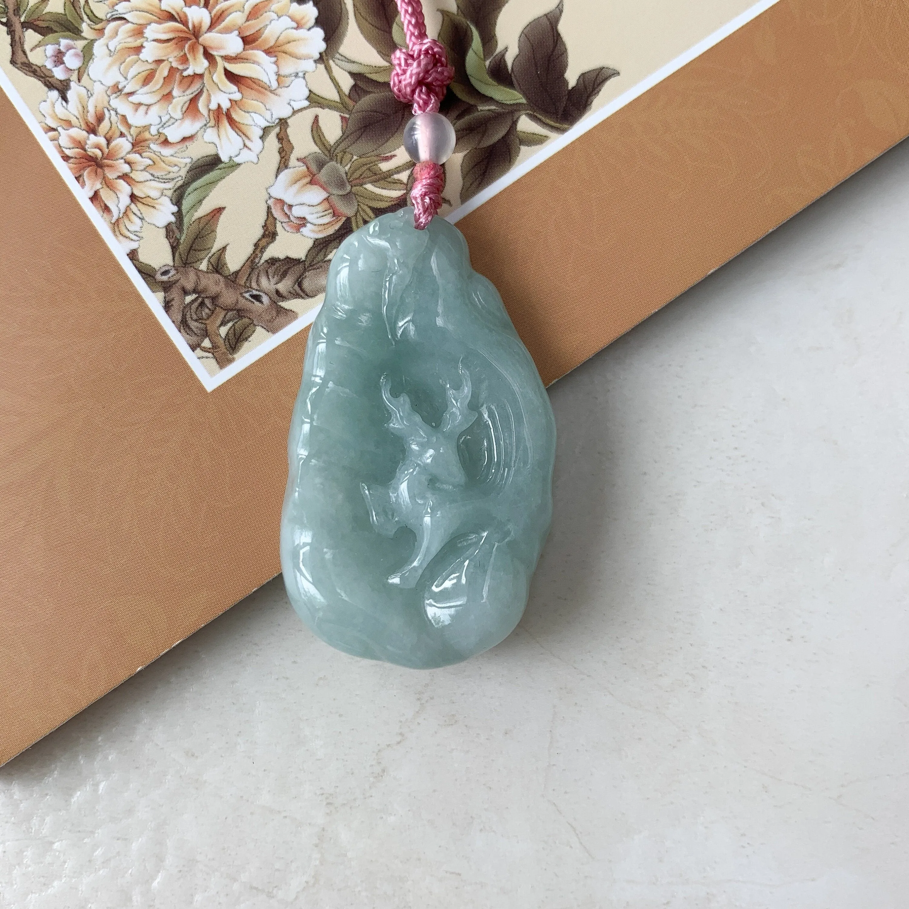 Jadeite Jade Deer in Forest Hand Carved Pendant Necklace, YJ-0321-0468569