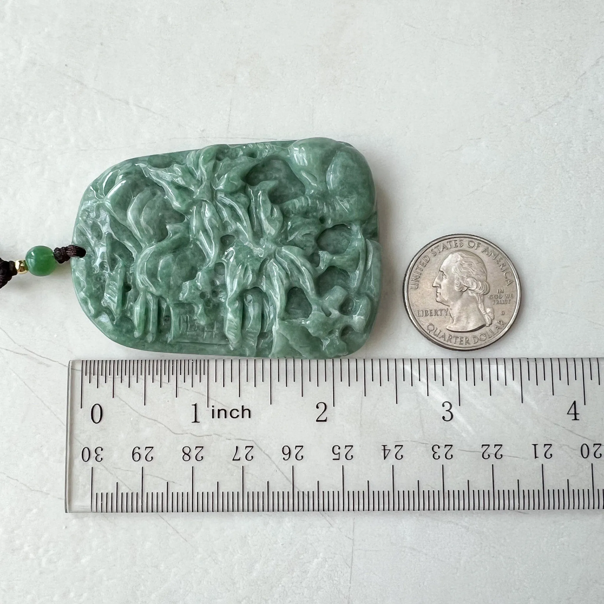 Jadeite Jade Landscape, Hawaiian style, Tree Mountain Forest River Scenery Hand Carved Pendant Necklace, YJ-0921-0108244