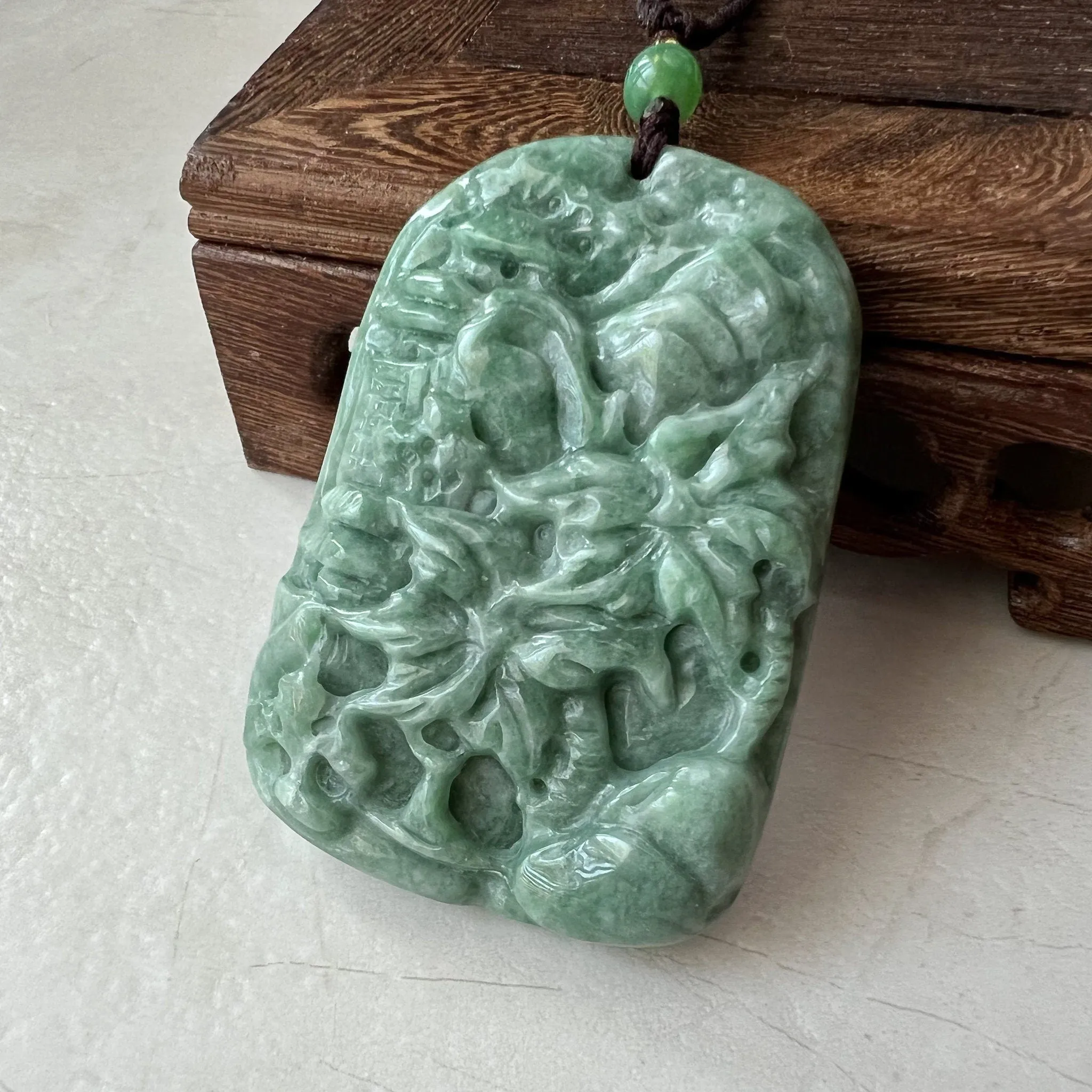 Jadeite Jade Landscape, Hawaiian style, Tree Mountain Forest River Scenery Hand Carved Pendant Necklace, YJ-0921-0108244