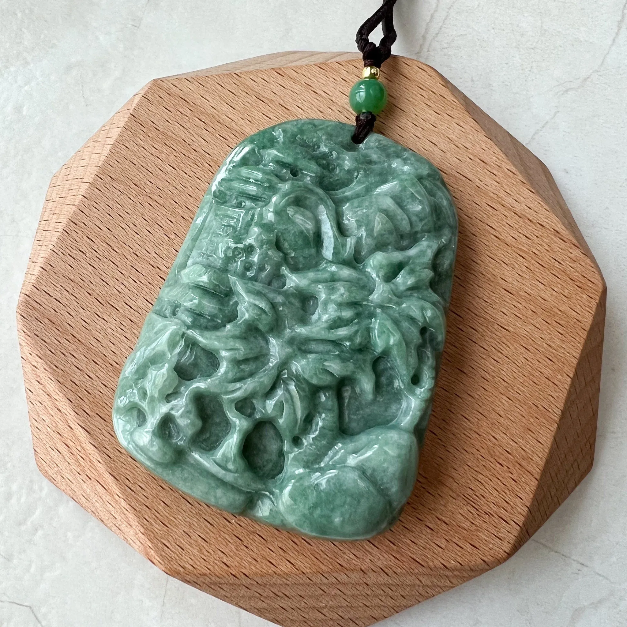 Jadeite Jade Landscape, Hawaiian style, Tree Mountain Forest River Scenery Hand Carved Pendant Necklace, YJ-0921-0108244