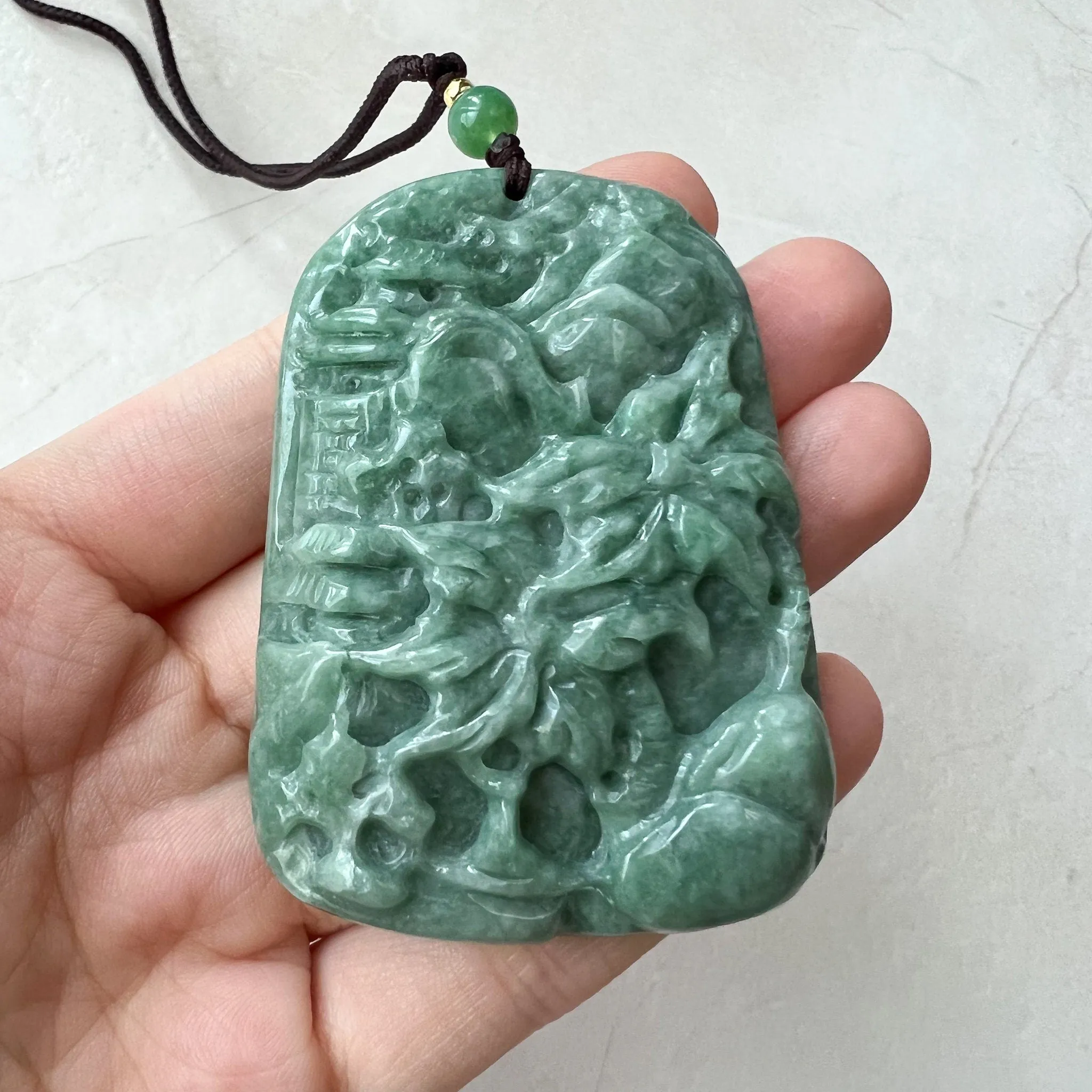 Jadeite Jade Landscape, Hawaiian style, Tree Mountain Forest River Scenery Hand Carved Pendant Necklace, YJ-0921-0108244