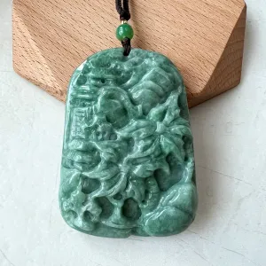 Jadeite Jade Landscape, Hawaiian style, Tree Mountain Forest River Scenery Hand Carved Pendant Necklace, YJ-0921-0108244