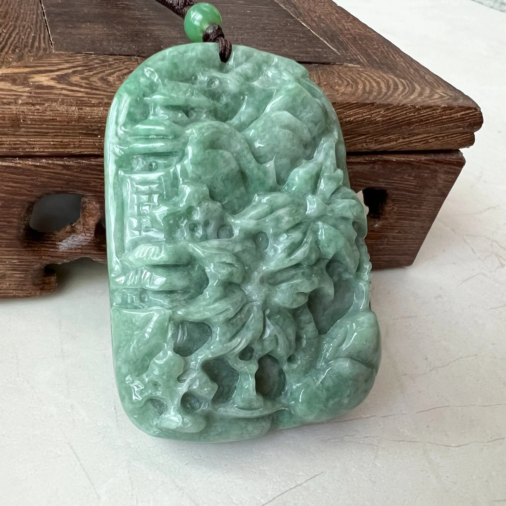 Jadeite Jade Landscape, Hawaiian style, Tree Mountain Forest River Scenery Hand Carved Pendant Necklace, YJ-0921-0108244