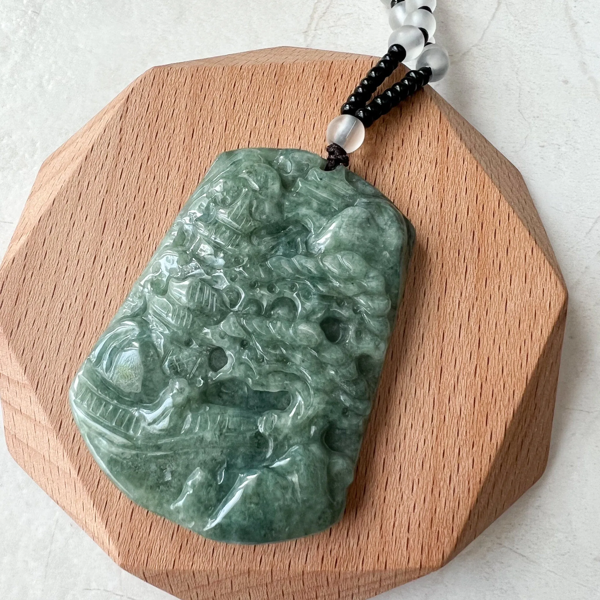 Jadeite Jade Landscape Tree Mountain Forest River Scenery Hand Carved Pendant Necklace, YJ-0921-0114512