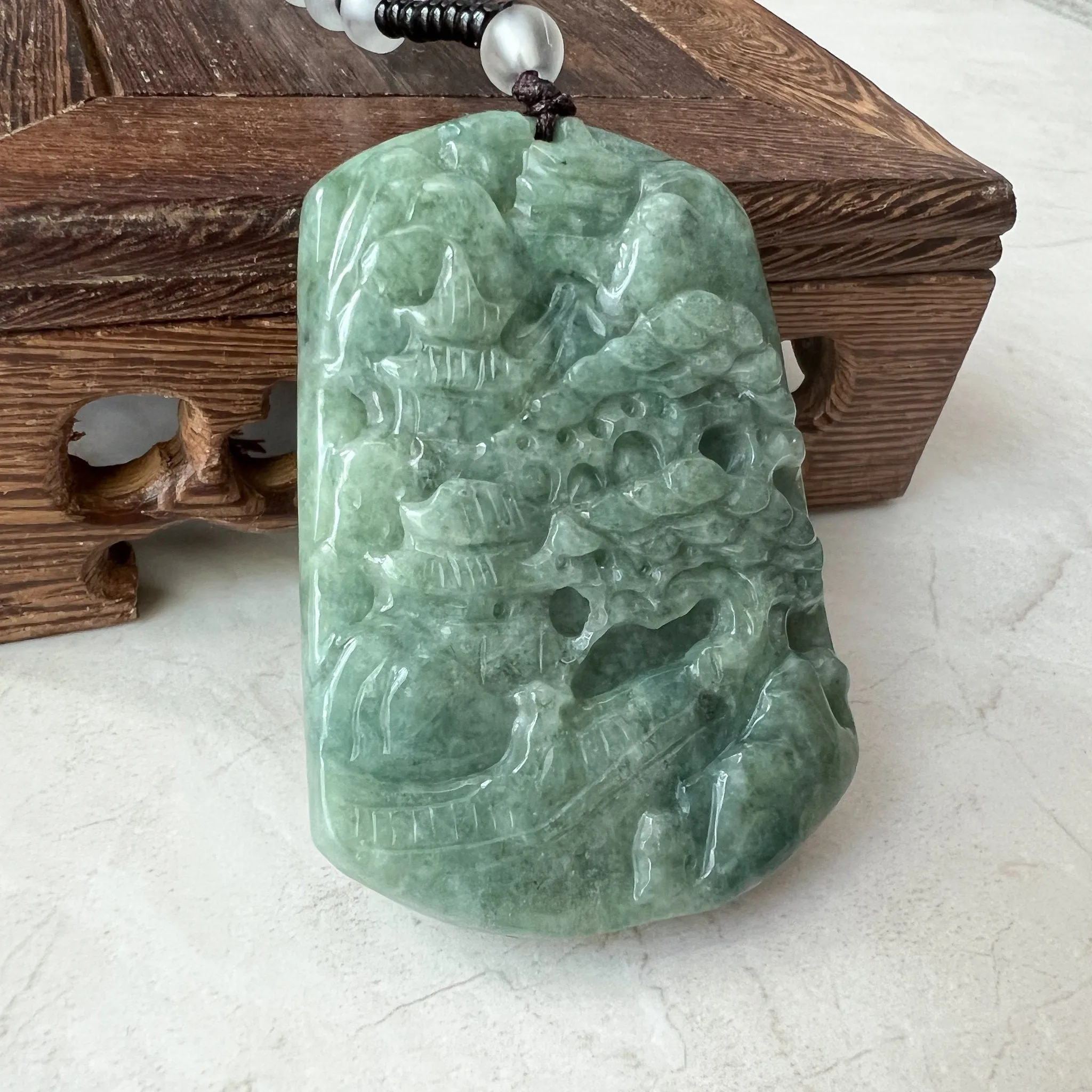 Jadeite Jade Landscape Tree Mountain Forest River Scenery Hand Carved Pendant Necklace, YJ-0921-0114512