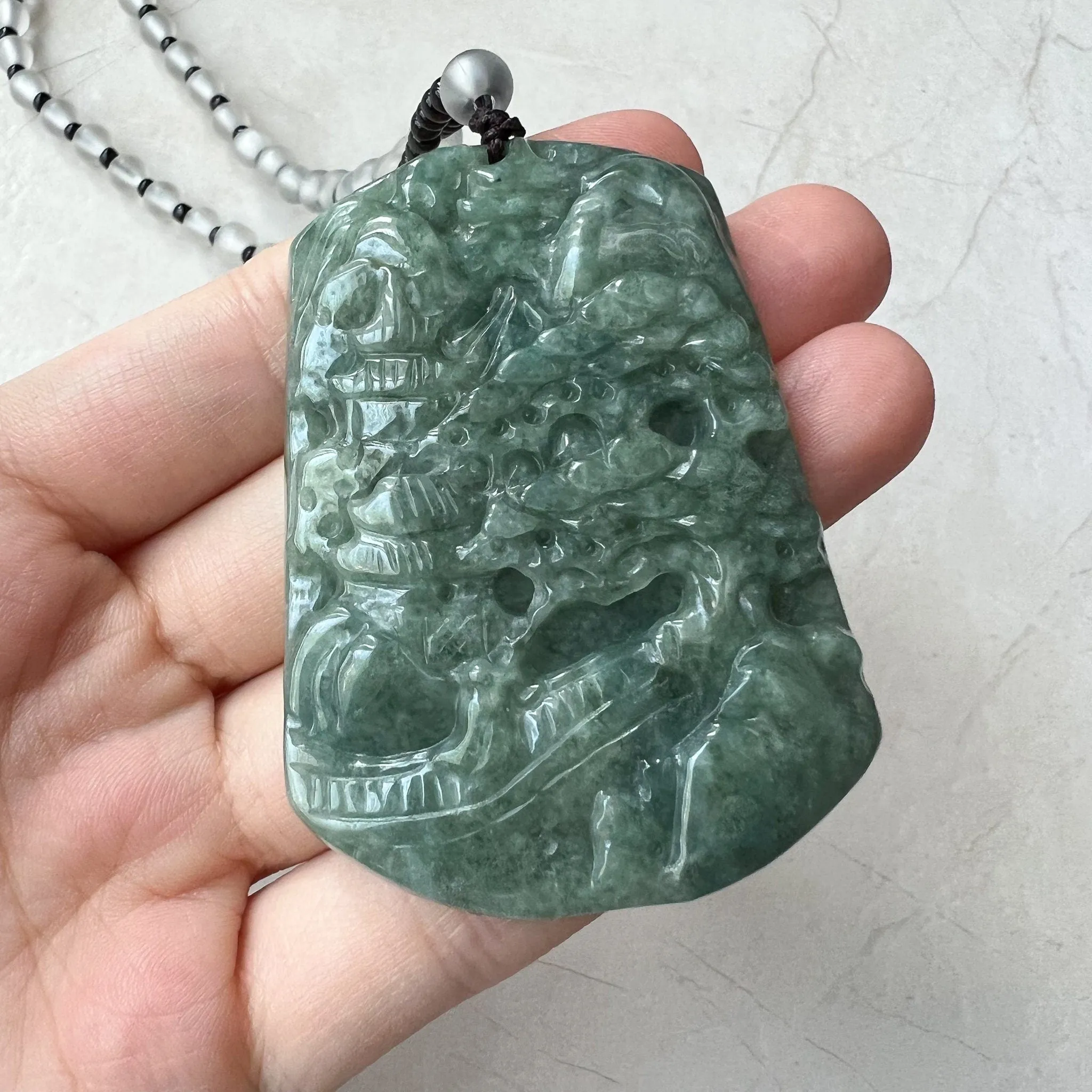 Jadeite Jade Landscape Tree Mountain Forest River Scenery Hand Carved Pendant Necklace, YJ-0921-0114512