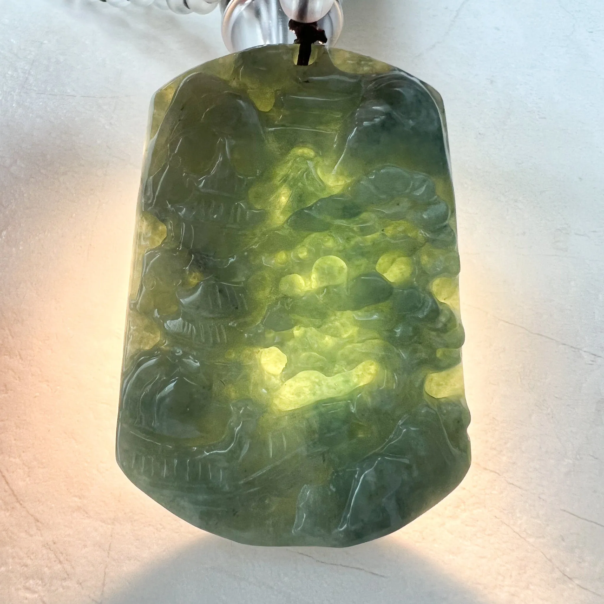 Jadeite Jade Landscape Tree Mountain Forest River Scenery Hand Carved Pendant Necklace, YJ-0921-0114512