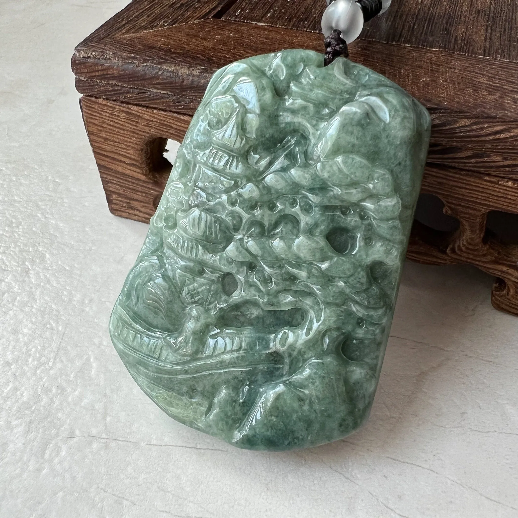 Jadeite Jade Landscape Tree Mountain Forest River Scenery Hand Carved Pendant Necklace, YJ-0921-0114512