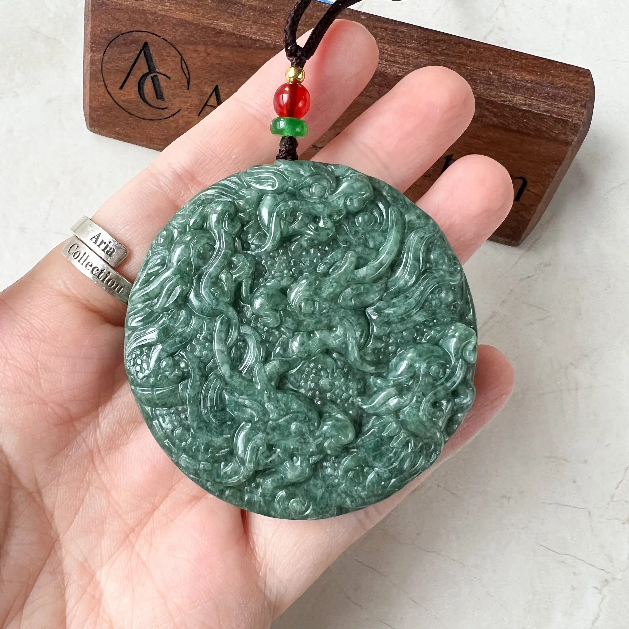 Large Green Jade 9 Dragon Jadeite Jade Chinese Zodiac Hand Carved Pendant Necklace, YJ-1022-0068798