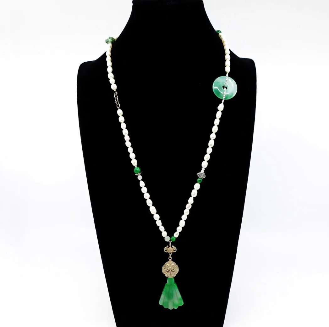Lengthy Beaded Pearl Necklace with Jade Pendant