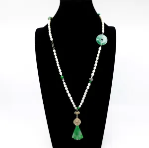 Lengthy Beaded Pearl Necklace with Jade Pendant